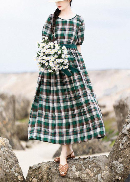 DIY Green Plaid Cinched Pockets Robe Summer Linen Dress - SooLinen