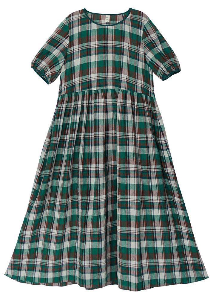 DIY Green Plaid Cinched Pockets Robe Summer Linen Dress - SooLinen