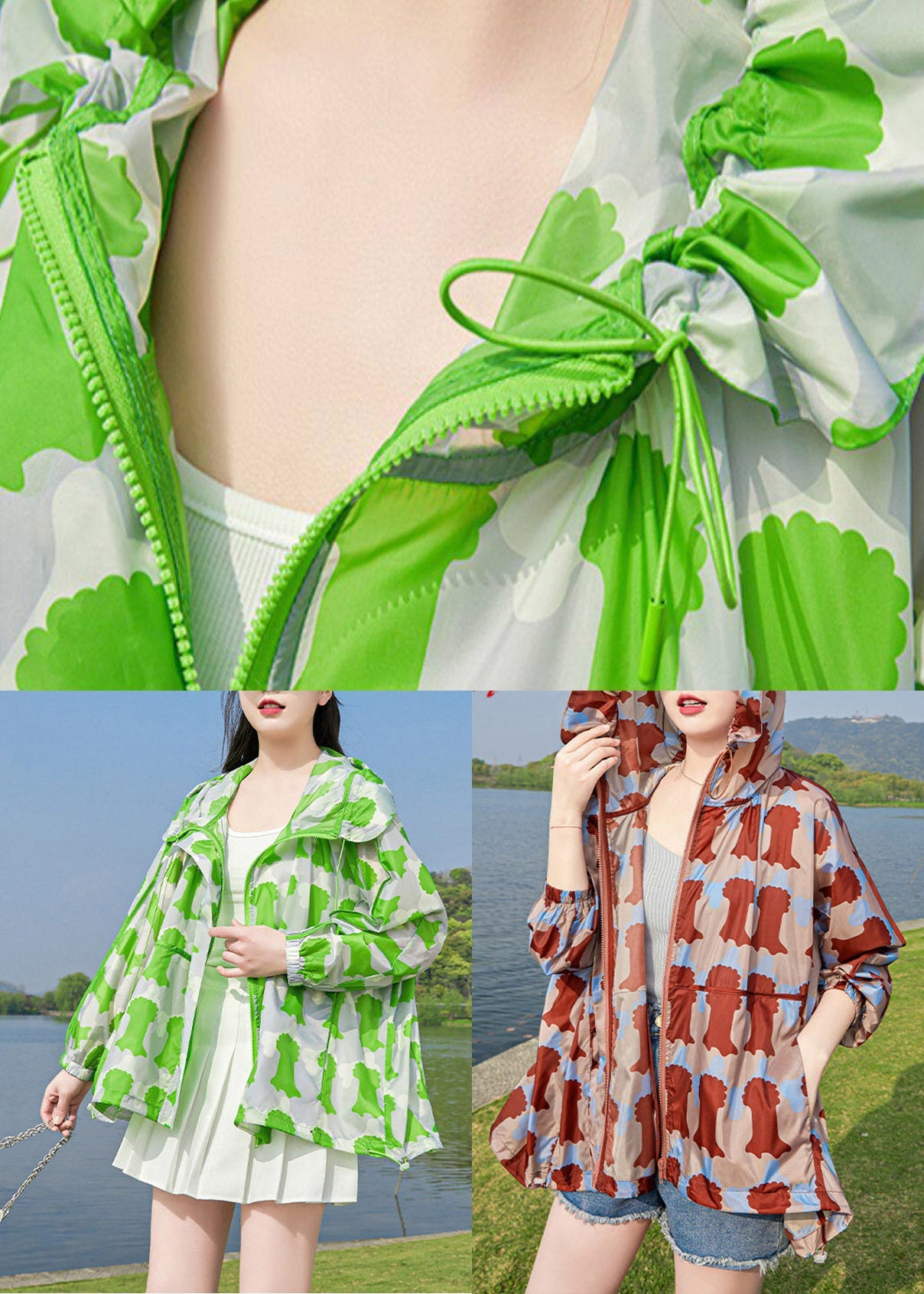 DIY Green Print Hooded UPF 50+ Coat Jacket Spring