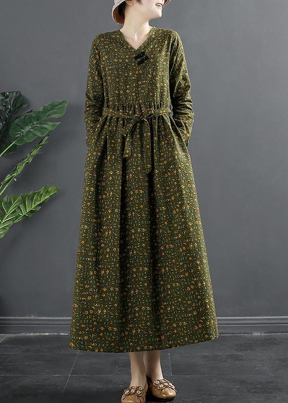 DIY Green Print Quilting Clothes V Neck Maxi Dresses - SooLinen