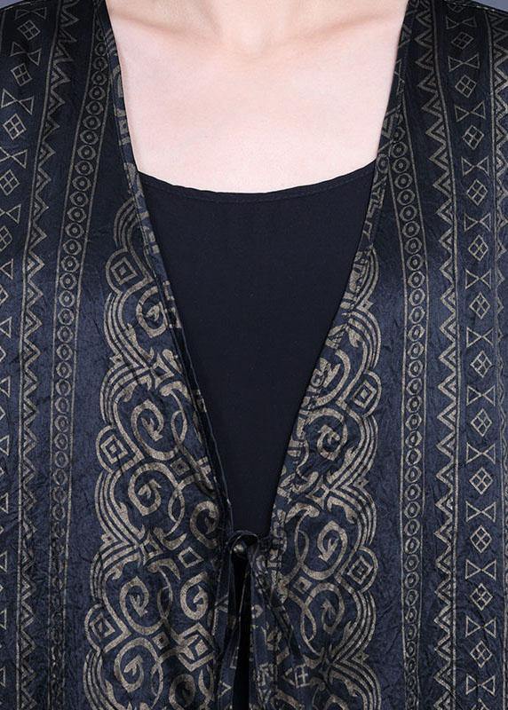 DIY Green Print side open silk Loose Long Cardigans - SooLinen