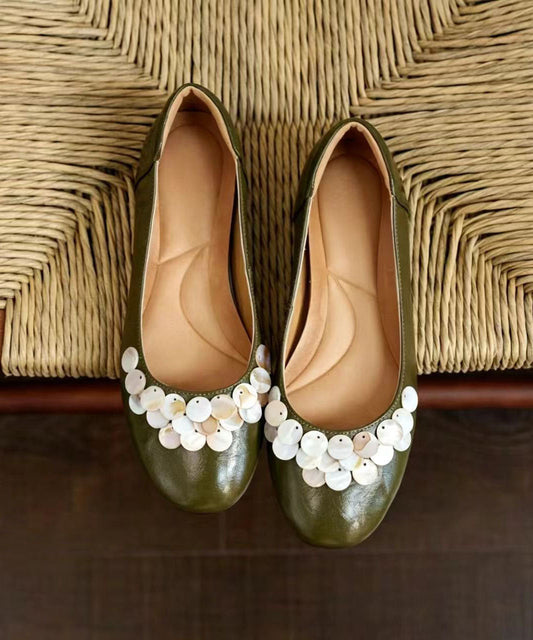 DIY Green Shell Decoration Flat Shoes Faux Leather