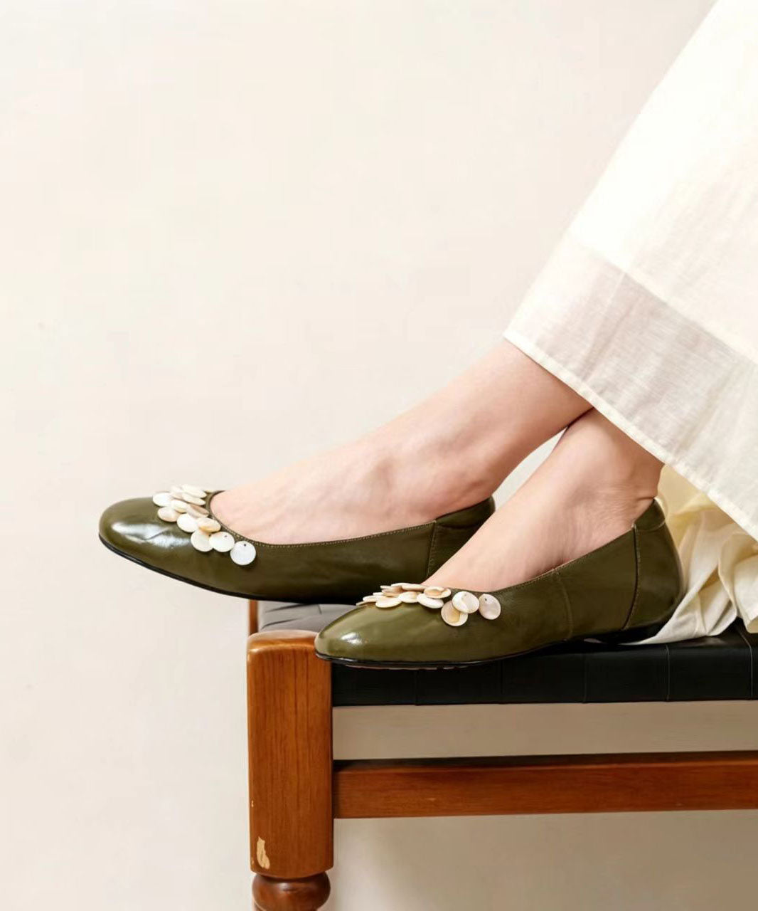 DIY Green Shell Decoration Flat Shoes Faux Leather