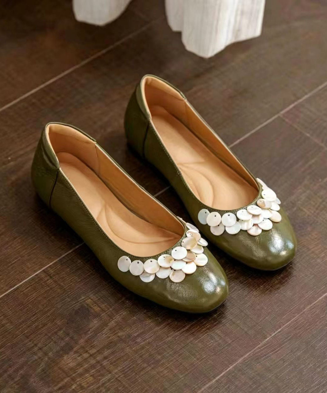 DIY Green Shell Decoration Flat Shoes Faux Leather