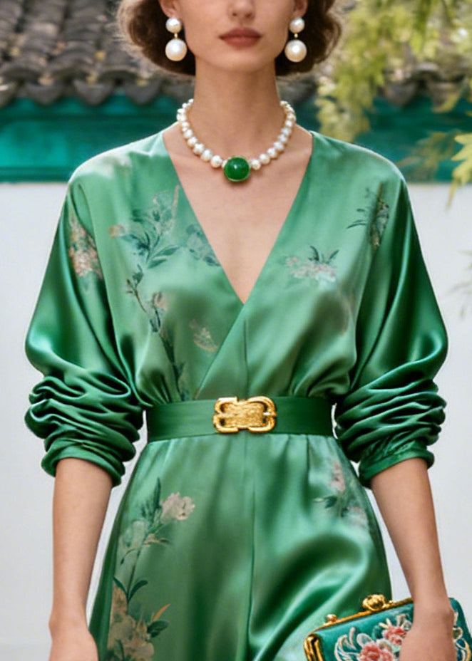 DIY Green Tunic Print Silk Long Dress Long Sleeve