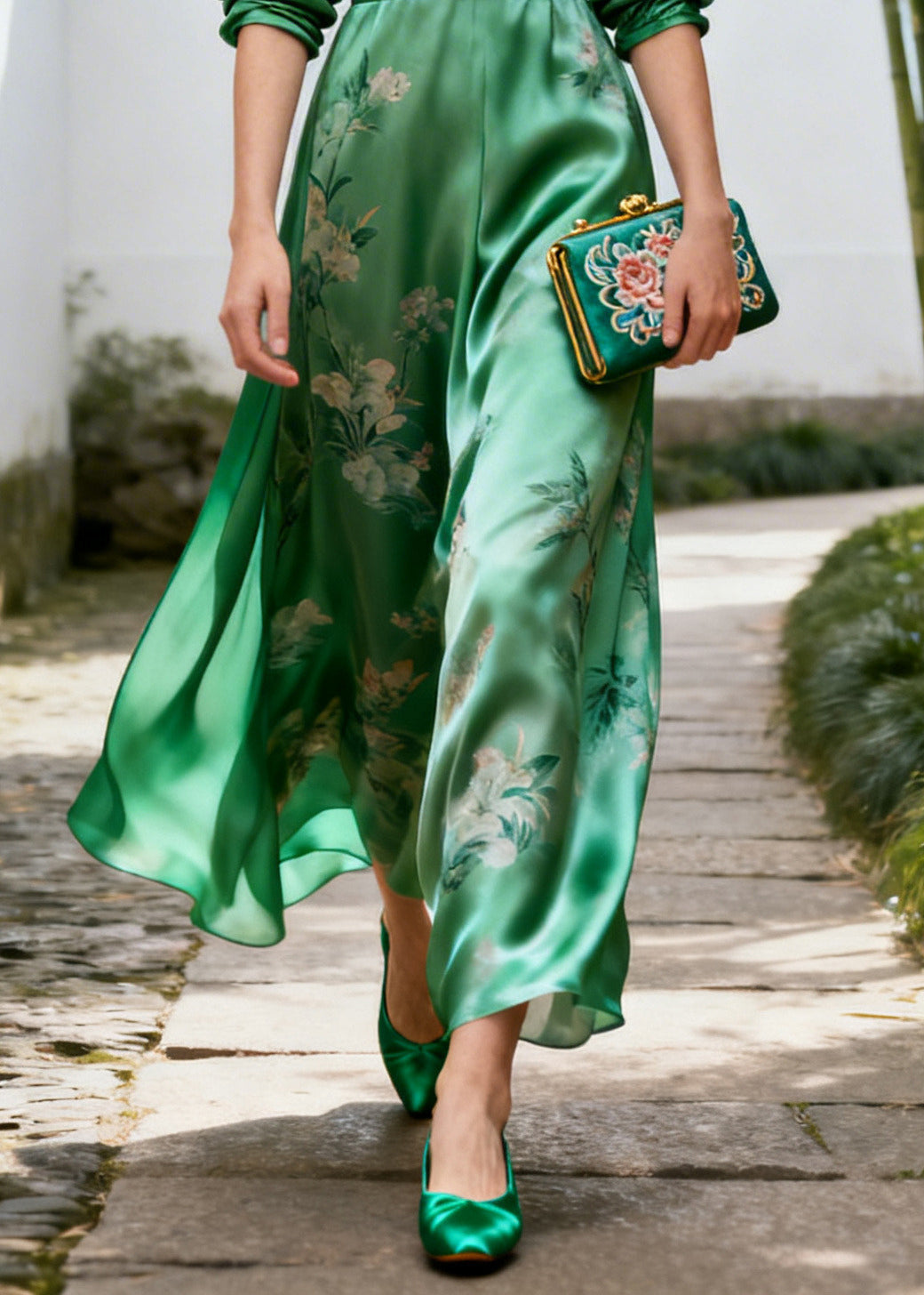 DIY Green Tunic Print Silk Long Dress Long Sleeve