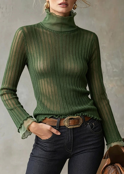 DIY Green Turtleneck Knit Top Tulle Patchwork Fall