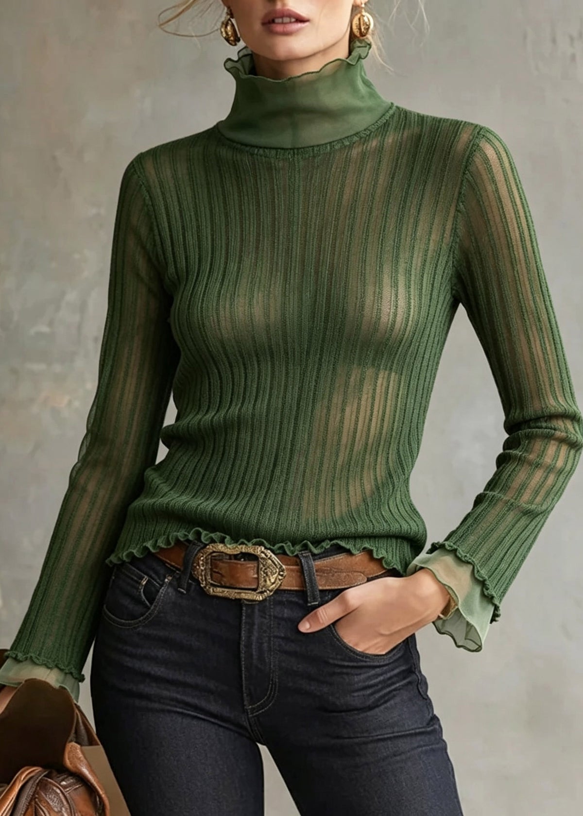 DIY Green Turtleneck Knit Top Tulle Patchwork Fall