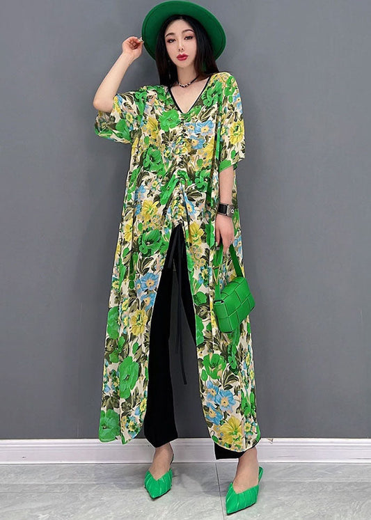 DIY Green V Neck Patchwork Print Wrinkled Long Dress Short Sleeve
