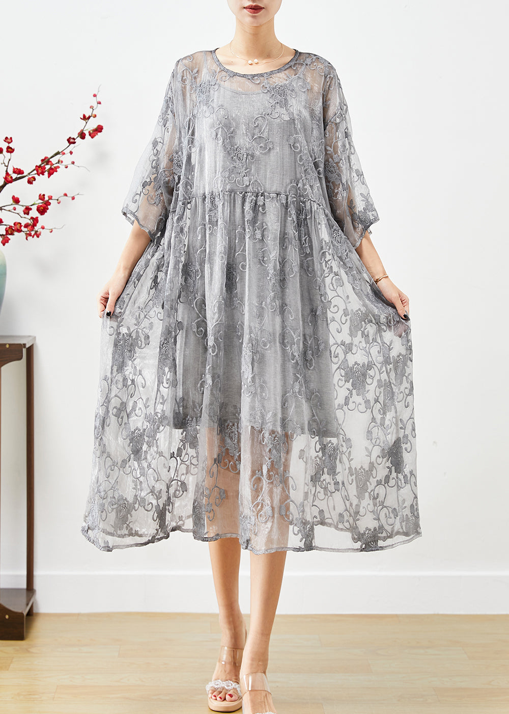 DIY Grey Embroideried Tulle Party Dress Two Piece Set Summer