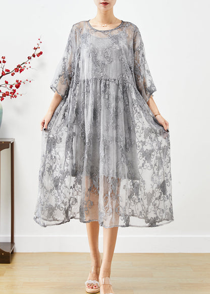 DIY Grey Embroideried Tulle Party Dress Two Piece Set Summer