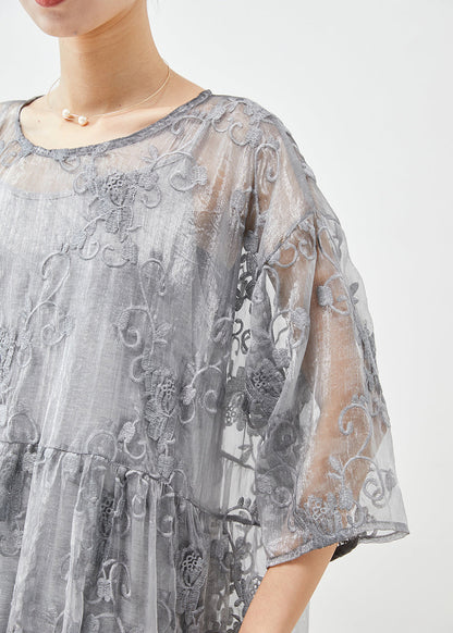 DIY Grey Embroideried Tulle Party Dress Two Piece Set Summer