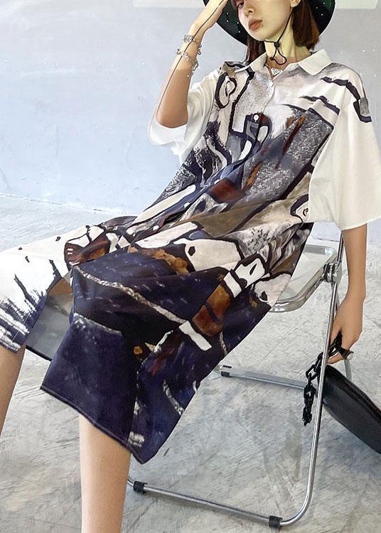 DIY Grey Graphic Peter Pan Collar Button Long Dress Summer - SooLinen