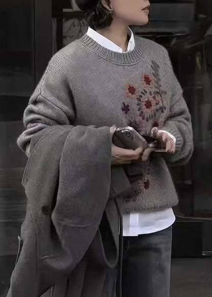 DIY Grey O Neck Thick Floral Knit Sweater Tops Fall