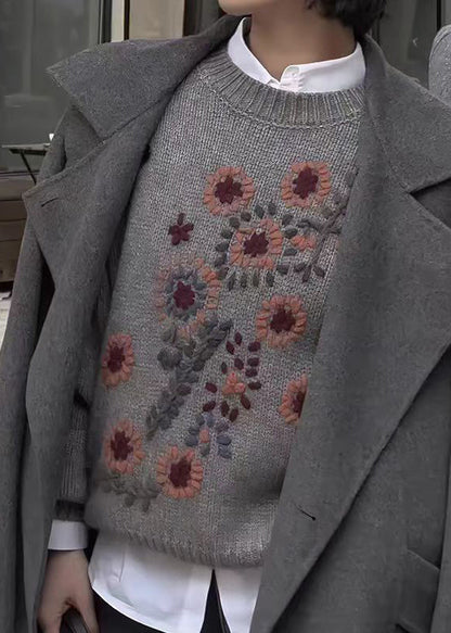 DIY Grey O Neck Thick Floral Knit Sweater Tops Fall