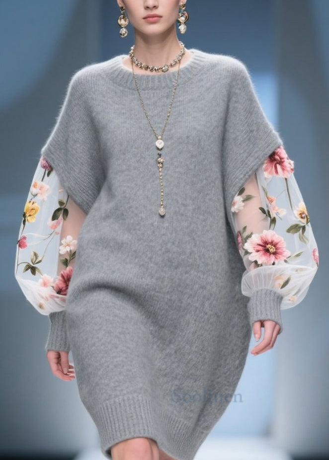 DIY Grey Tulle Floral Patchwork Knitwear Dress Fall