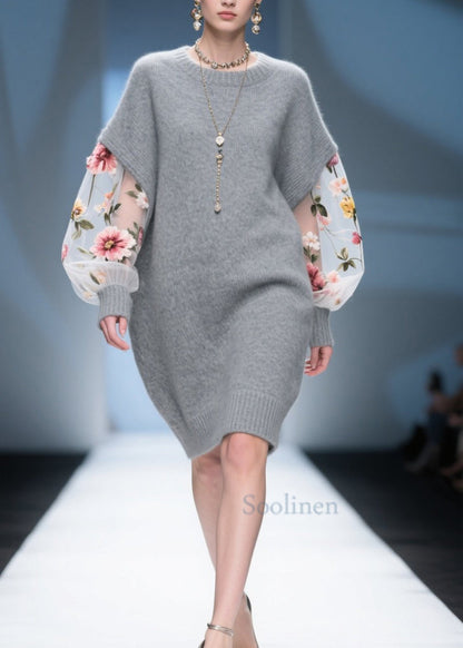 DIY Grey Tulle Floral Patchwork Knitwear Dress Fall