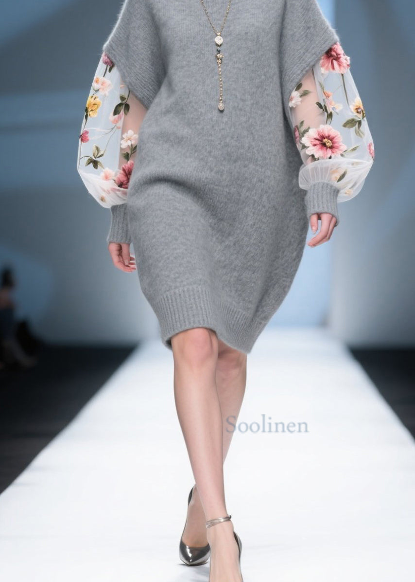 DIY Grey Tulle Floral Patchwork Knitwear Dress Fall