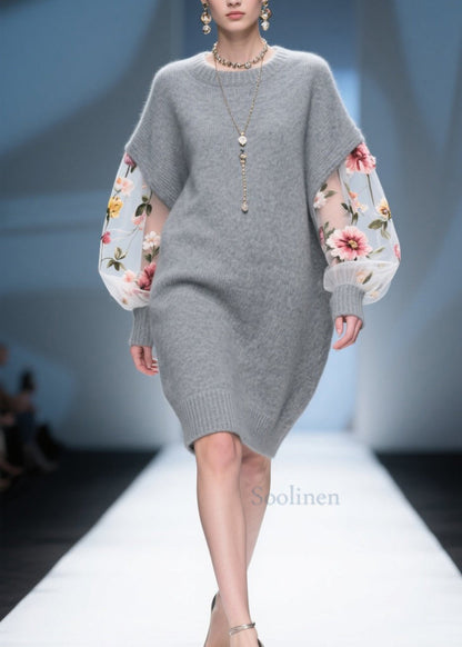 DIY Grey Tulle Floral Patchwork Knitwear Dress Fall