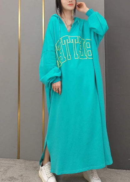 DIY Hooded Side Open Spring Quilting Clothes Yellow Letter Long Dresses - SooLinen