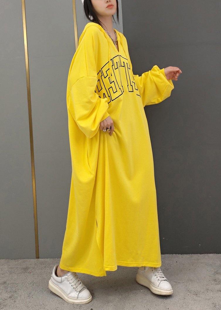 DIY Hooded Side Open Spring Quilting Clothes Yellow Letter Long Dresses - SooLinen