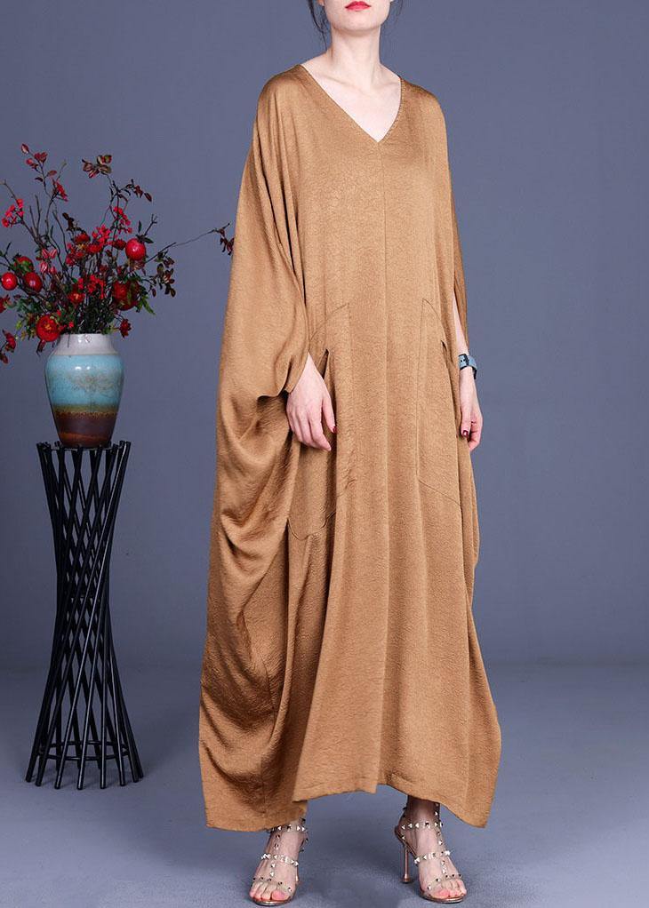 DIY Khaki Asymmetrical V Neck Summer Silk Sundress Bat wing Sleeve - SooLinen