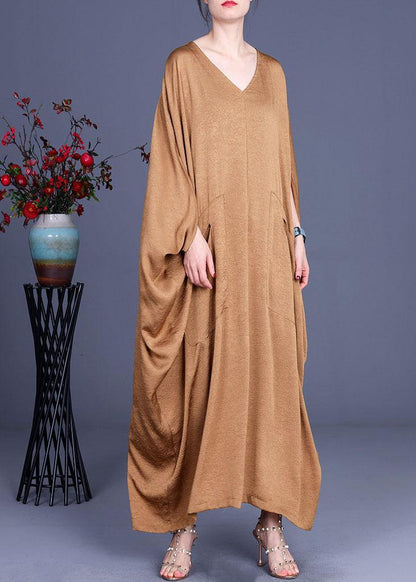 DIY Khaki Asymmetrical V Neck Summer Silk Sundress Bat wing Sleeve - SooLinen