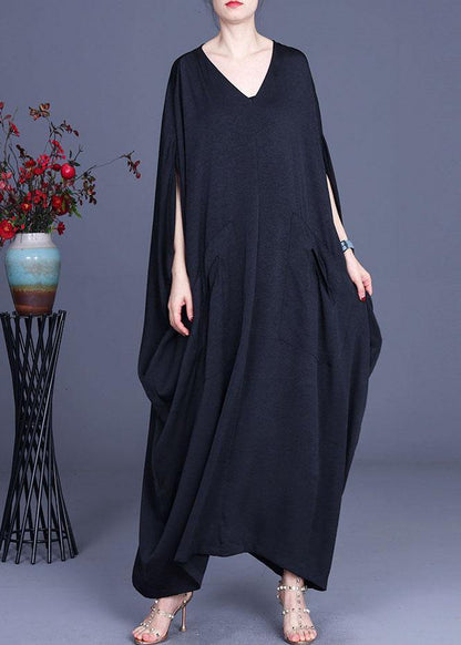 DIY Khaki Asymmetrical V Neck Summer Silk Sundress Bat wing Sleeve - SooLinen