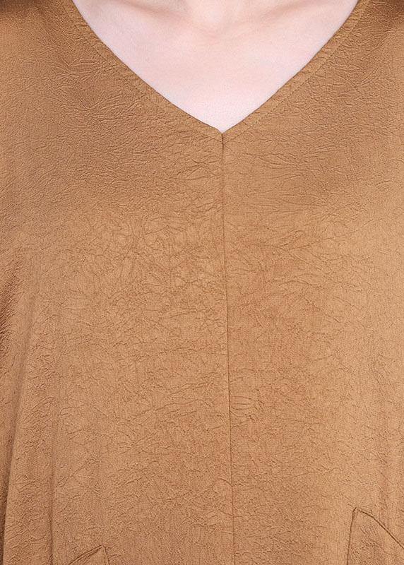 DIY Khaki Asymmetrical V Neck Summer Silk Sundress Bat wing Sleeve - SooLinen