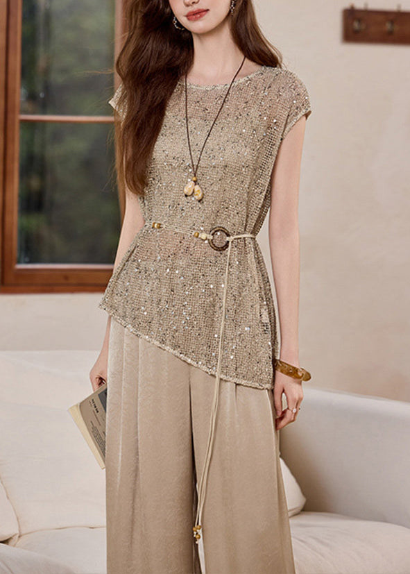 DIY Khaki Hollow Out Tie Waist Knit Two Pieces Set Summer