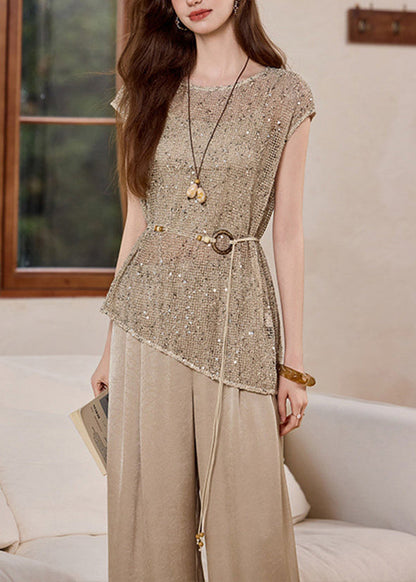 DIY Khaki Hollow Out Tie Waist Knit Two Pieces Set Summer