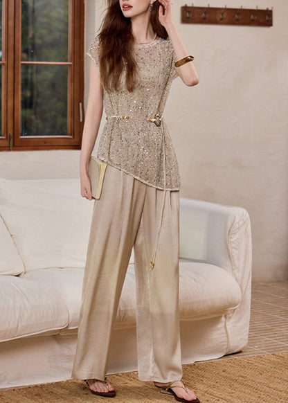 DIY Khaki Hollow Out Tie Waist Knit Two Pieces Set Summer