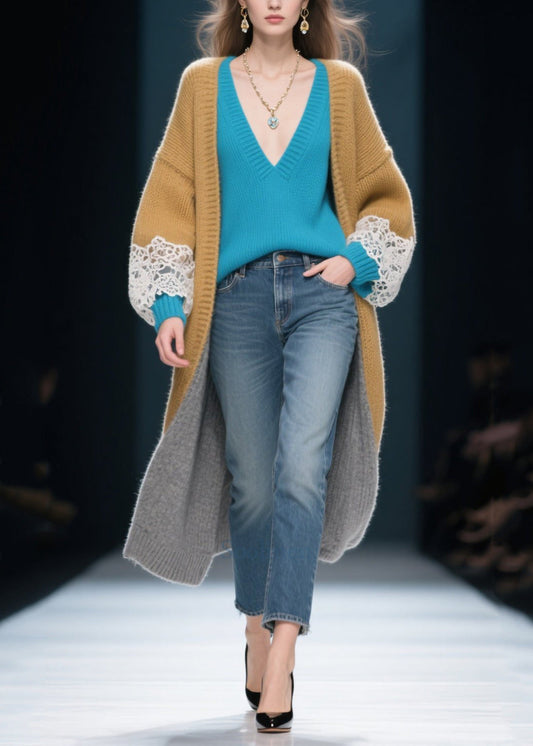 DIY Khaki Oversized Patchwork Lace Cardigan Winter