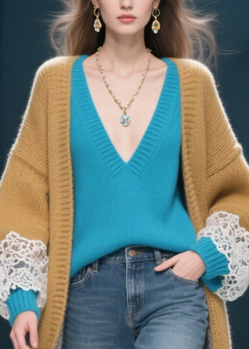 DIY Khaki Oversized Patchwork Lace Cardigan Winter