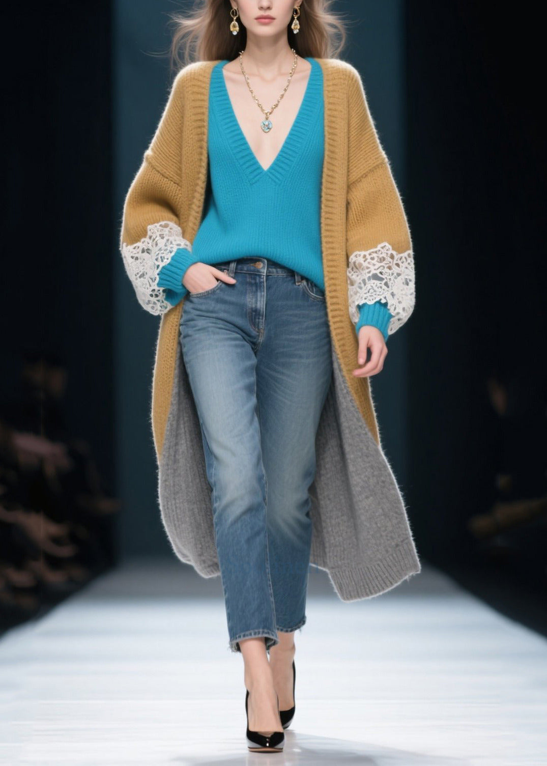 DIY Khaki Oversized Patchwork Lace Cardigan Winter