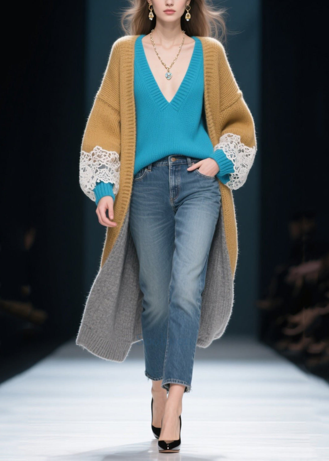 DIY Khaki Oversized Patchwork Lace Cardigan Winter