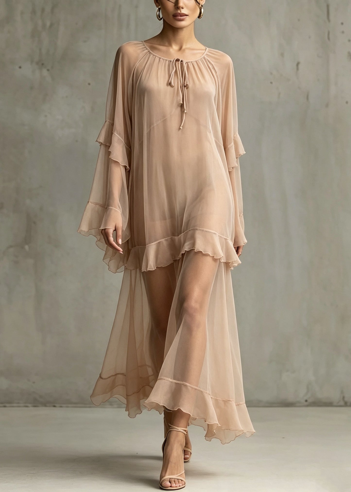 DIY Khaki Ruffled Patchwork Chiffon Long Dresses Summer