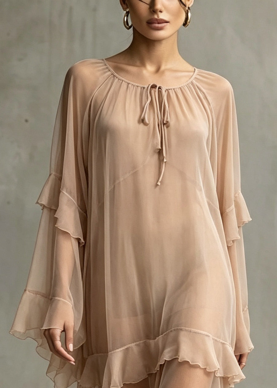 DIY Khaki Ruffled Patchwork Chiffon Long Dresses Summer