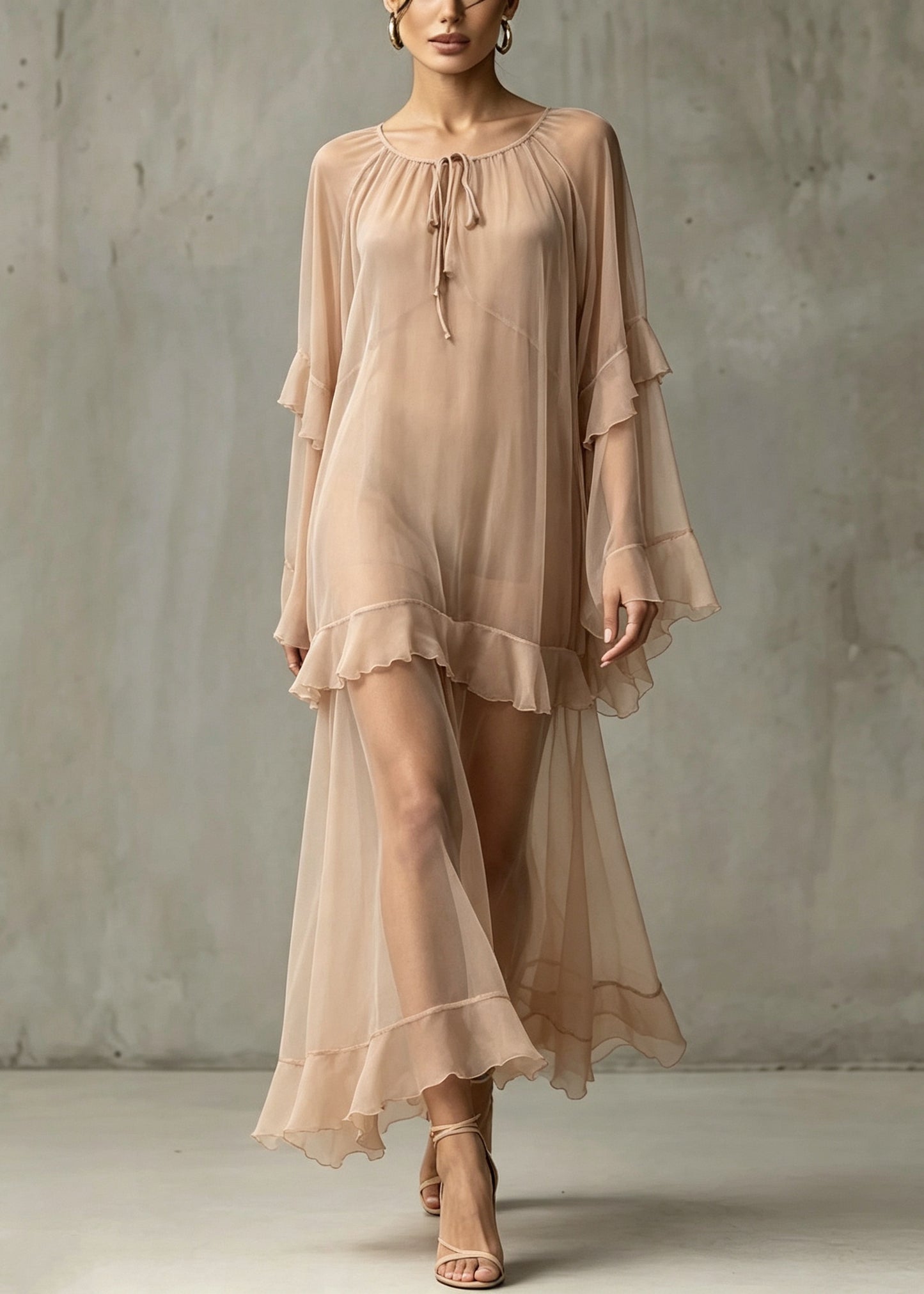 DIY Khaki Ruffled Patchwork Chiffon Long Dresses Summer