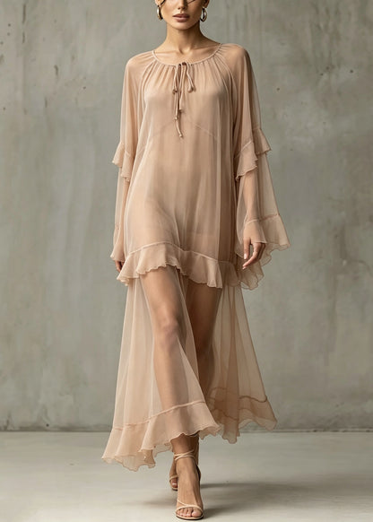 DIY Khaki Ruffled Patchwork Chiffon Long Dresses Summer