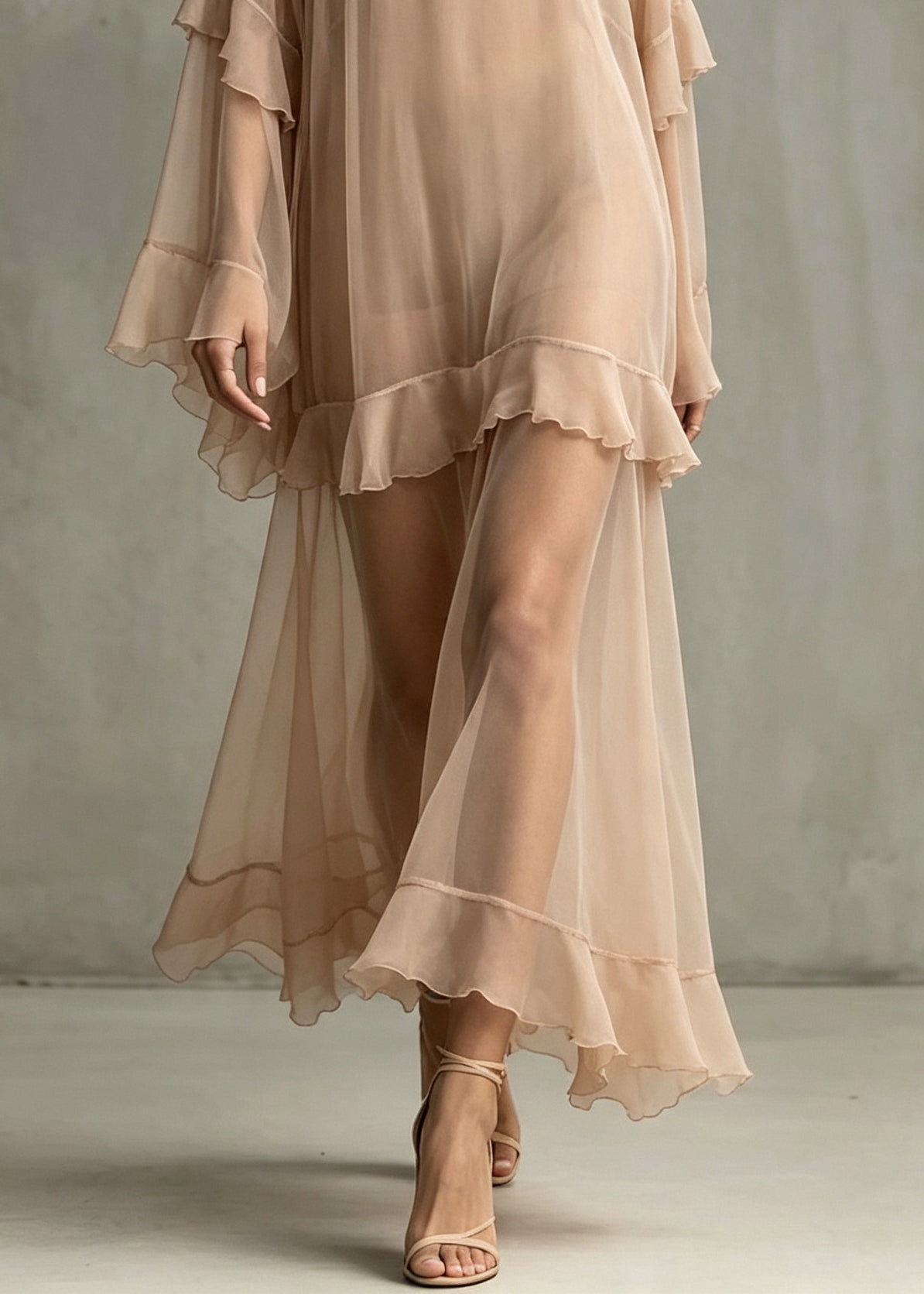 DIY Khaki Ruffled Patchwork Chiffon Long Dresses Summer