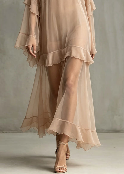 DIY Khaki Ruffled Patchwork Chiffon Long Dresses Summer