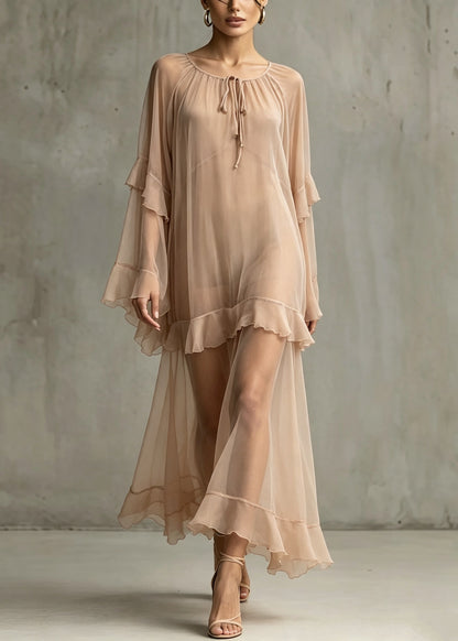 DIY Khaki Ruffled Patchwork Chiffon Long Dresses Summer