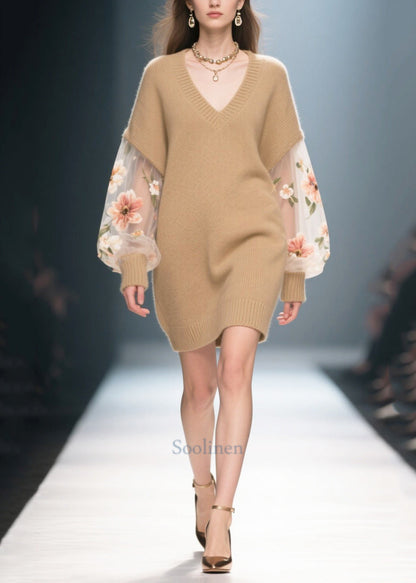 DIY Khaki V Neck Patchwork Tulle Long Sweater Winter