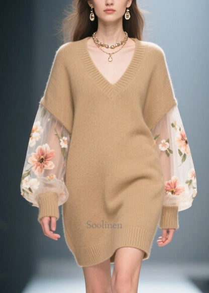 DIY Khaki V Neck Patchwork Tulle Long Sweater Winter