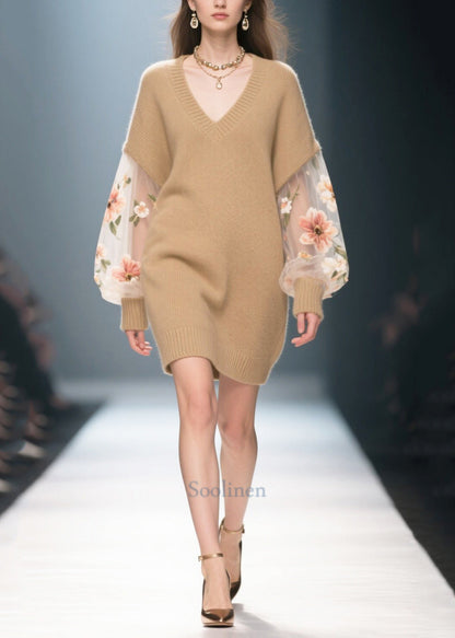 DIY Khaki V Neck Patchwork Tulle Long Sweater Winter