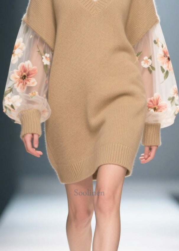 DIY Khaki V Neck Patchwork Tulle Long Sweater Winter