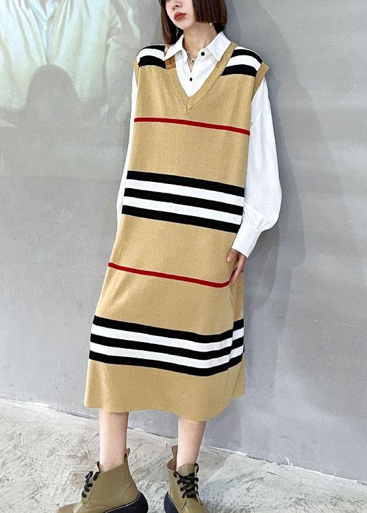 DIY Khaki V Neck Striped Fall Knit Sweater Dress - SooLinen