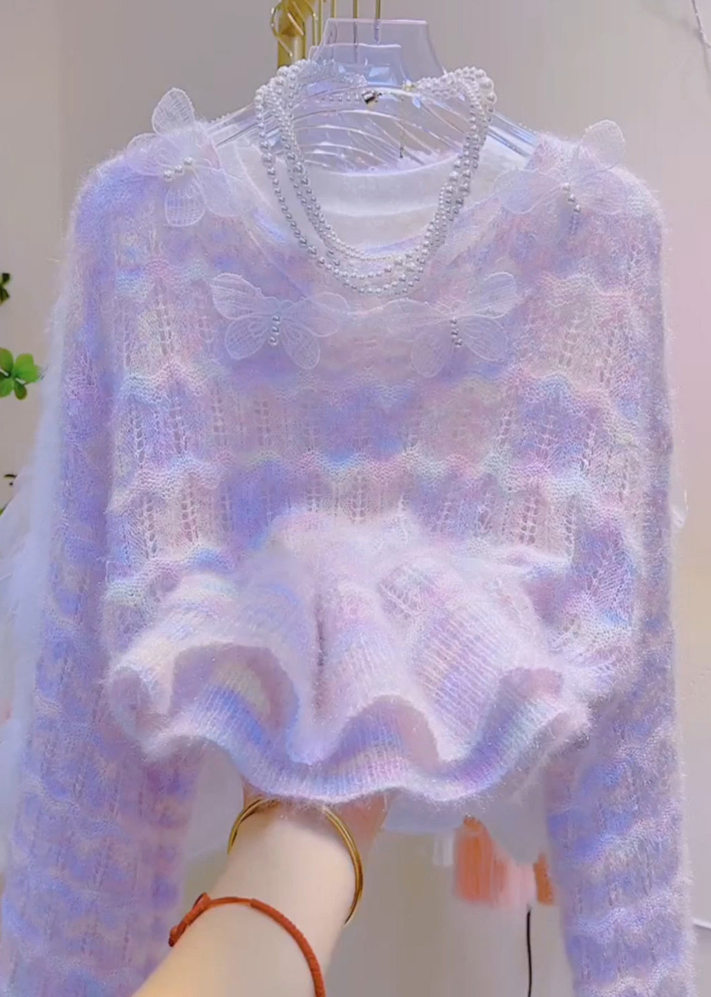 DIY Lavender Butterfly Hollow Out Knit Sweater Tops Fall