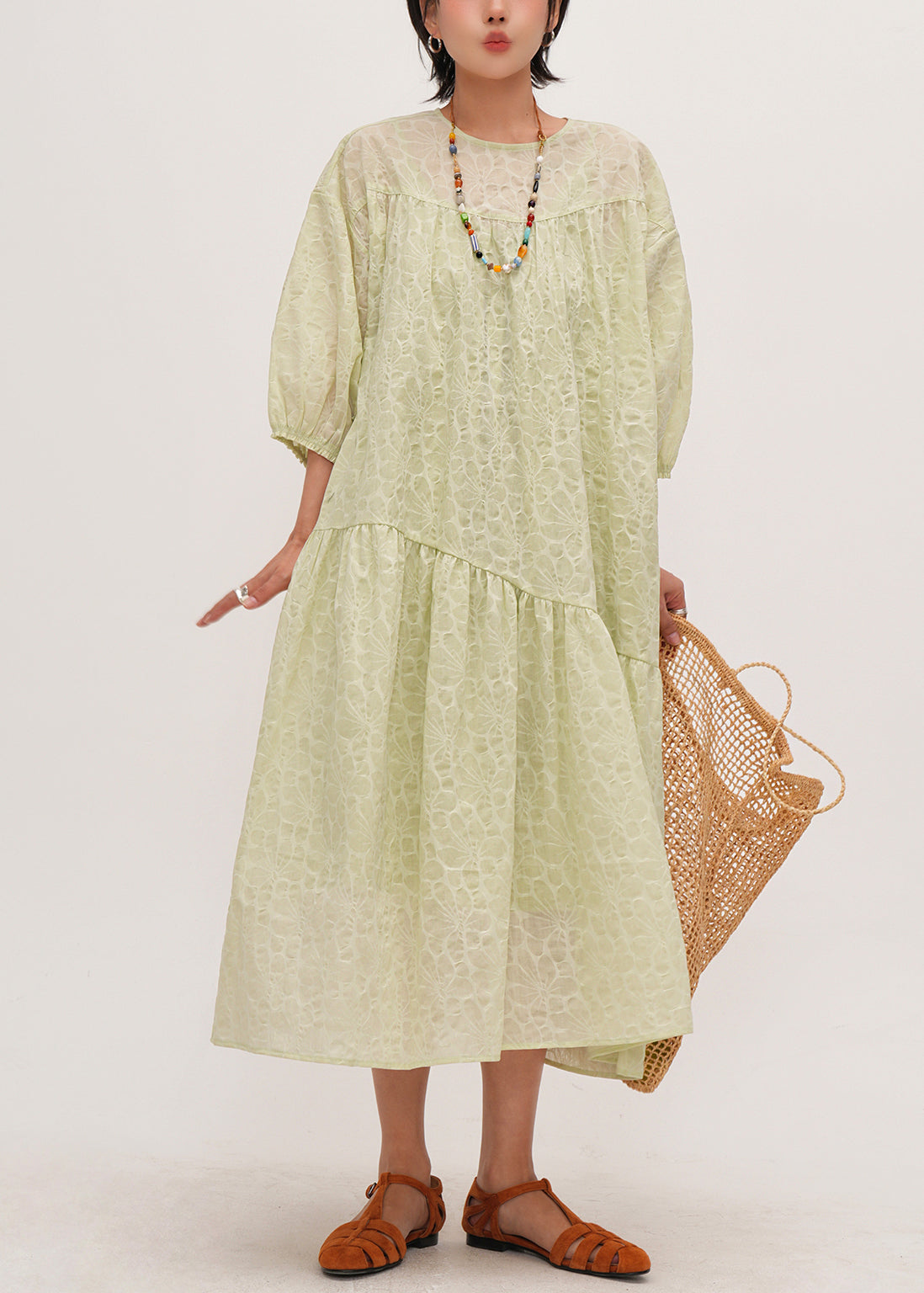 DIY Light Green Jacquard Patchwork Cotton Holiday Dress Bracelet Sleeve